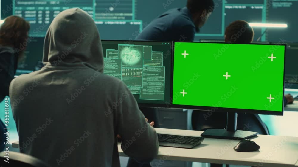 Poster governmental hackers working on computer with green screen to protect data and network security. foc