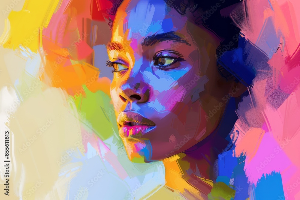 Poster a vibrant digital painting depicting the detailed features of a womans face in bold colors and intri