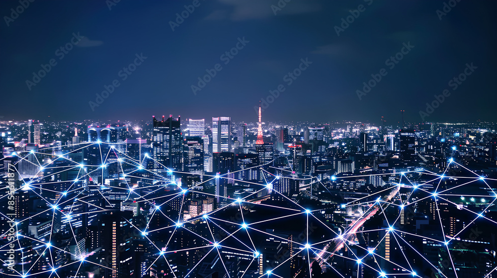 Poster modern city with wireless network connection and city scape concept.wireless network and connection 
