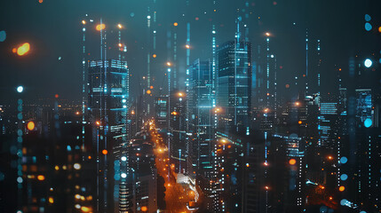 Modern city with wireless network connection and city scape concept.Wireless network and Connection technology concept with city background at night