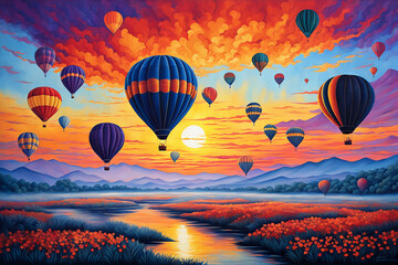 Obraz premium Fantasy hot air balloons at sunset in the sky design. 