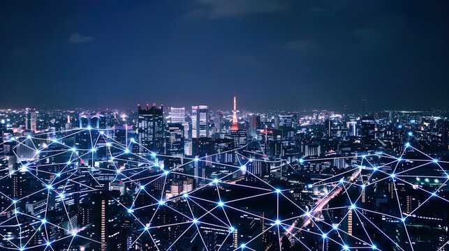 Modern city with wireless network connection and city scape concept.Wireless network and Connection technology concept with city background at night