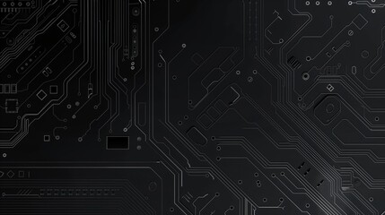 Electronic circuit board detailed close-up, dark black computer motherboard. AI ML technology hardware minimalist concept background banner