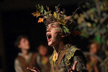 Student dressed in costume with leaves on head performing in school play, A student performing in a school play, dressed in costume and reciting lines on stage