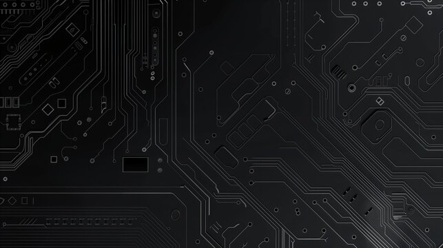Electronic circuit board detailed close-up, dark black computer motherboard. AI ML technology hardware minimalist concept background banner