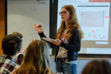 A woman standing in front of a group, presenting research, A student presenting their research at a conference