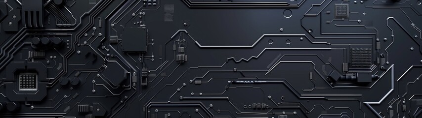 Electronic circuit board detailed close-up, dark black computer motherboard. AI ML technology hardware minimalist concept background banner