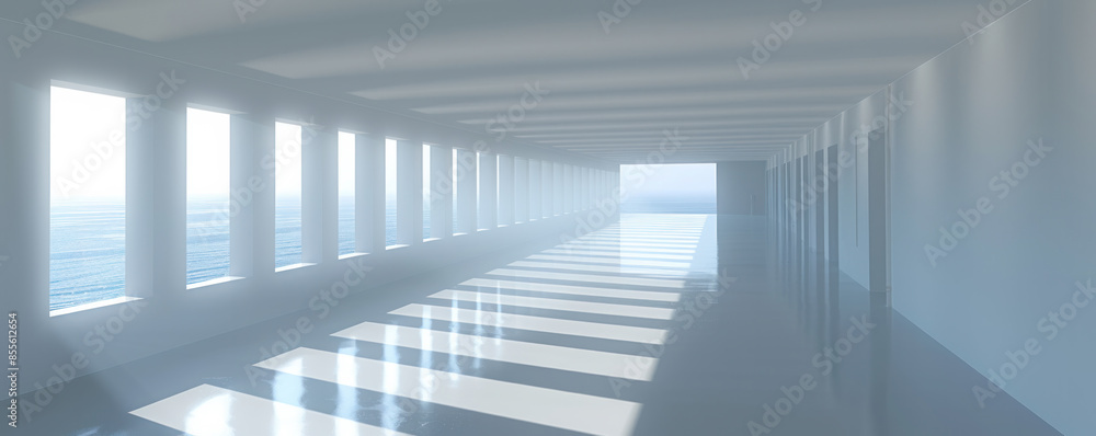 Poster a long, empty hallway with a large window on the left side. the window is overlooking the ocean, and