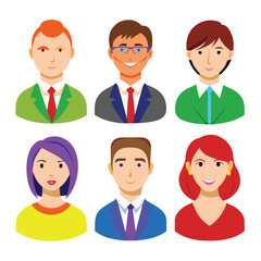 Fototapeta premium Six isolated icons depicting various corporate men and women, each with unique hairstyles, expressions, and clothing