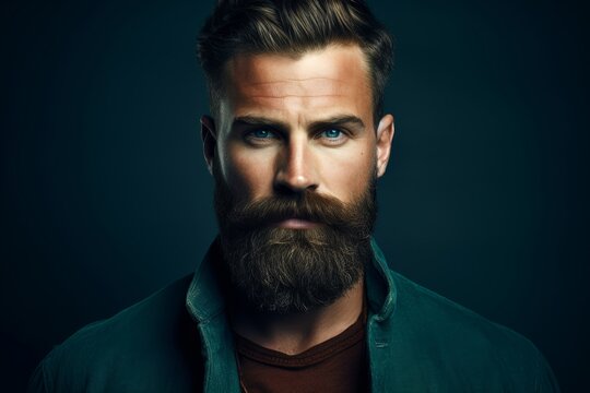 Clean-cut beard and mustache on a dark teal background