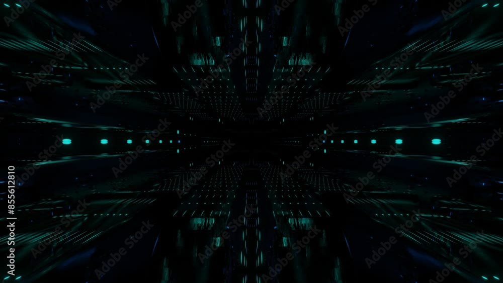 Poster 4k seamless looped animation. fly through mirror symmetrical tunnel with neon pattern, sci fi glow p