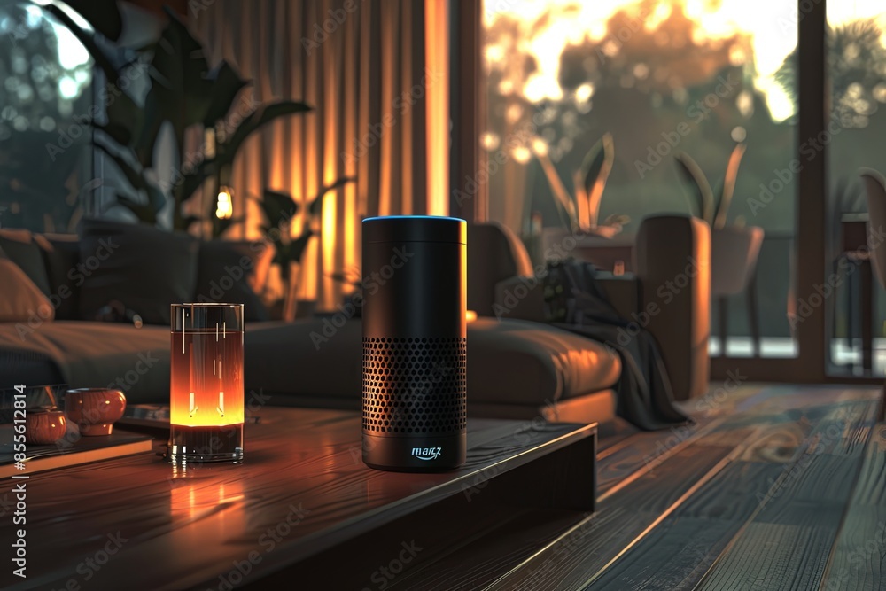 Aufkleber a sleek smart speaker device sits on a coffee table in a modern living room, capturing the warm suns