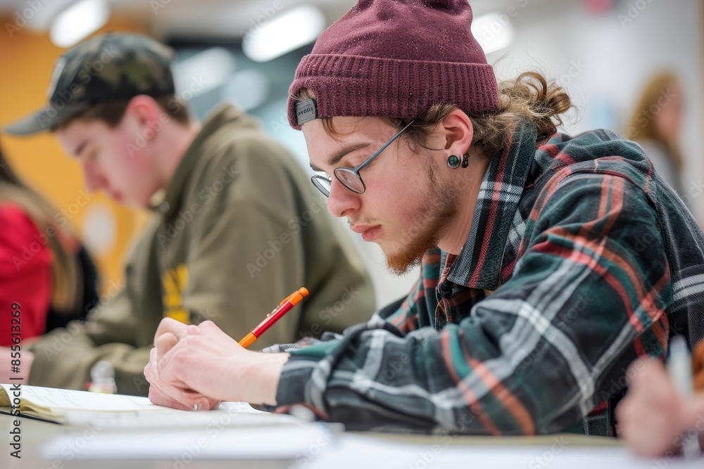 Poster a man focused on writing on a piece of paper while sitting at a table, working on a group project wi