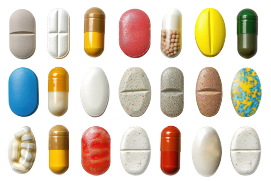 A diverse collection of colorful medicine pills and capsules of various shapes and sizes, arranged in rows on a white background.