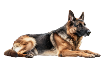 A majestic German Shepherd dog lying down, displaying its noble and calm demeanor, perfect for stock photos featuring pet themes.