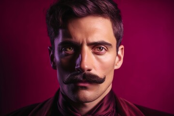 Obraz premium Young man with a mustache styled into sharp points on a dark burgundy background