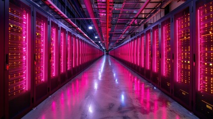 Fototapeta premium Pink-Lit Server Room with Rows of Black Cabinets
