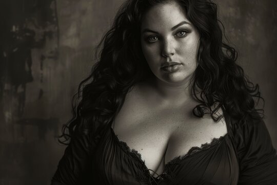 Full-figured woman posing confidently in black and white lingerie, A stunning representation of a full-figured woman with striking features