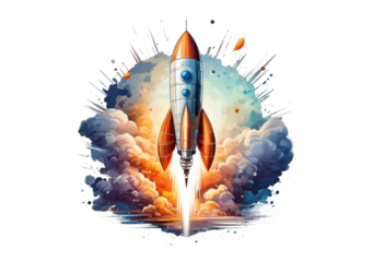 Rocket launch into space, concept of business startup, growth, isolated on white background