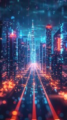 Futuristic Neon Holographic Skyline of High Tech City in Digital Cyber Background