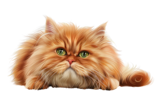 Adorable fluffy orange Persian cat lying down with a relaxed expression. Perfect for pet-themed content or animal lovers.