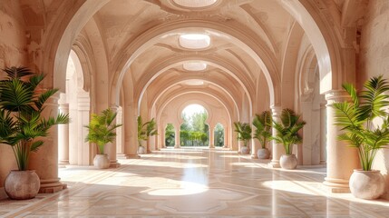 Obraz premium Arched Passageway with Palm Trees and Sunlight