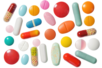 Colorful assortment of various pills and capsules on a white background, showcasing different shapes, sizes, and colors for medical themes.