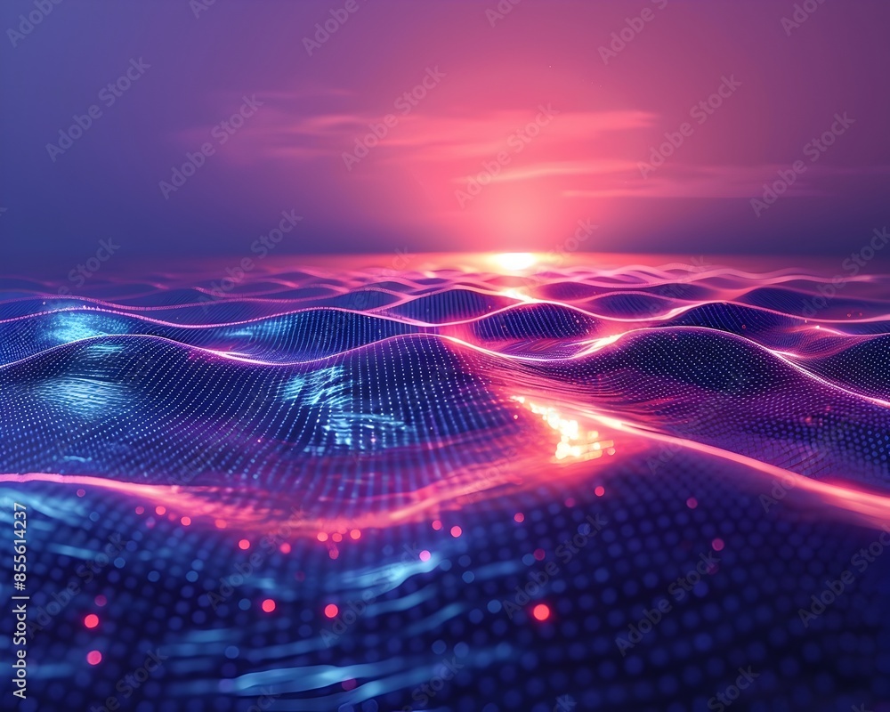 Aufkleber glowing digital neon lake with abstract cyber patterns and high tech design concept
