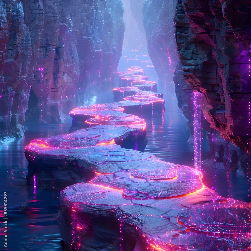 Poster mesmerizing digital neon canyon with glowing cliffs and abstract patterns futuristic cyber backgroun