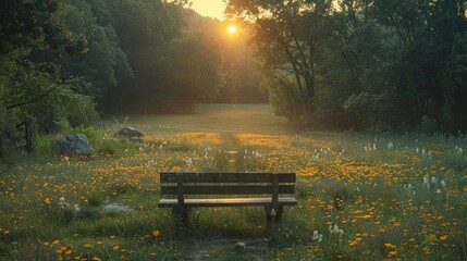 Solitary Bench in a Field of Flowers