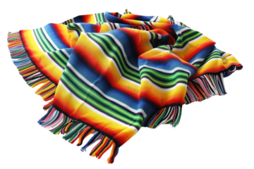 Colorful handwoven Mexican blanket with vibrant stripes and fringes, cultural textile, isolated on white background.