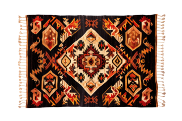 Colorful traditional woven textile with intricate geometric patterns and fringed edges, perfect for home decor or cultural exhibits.