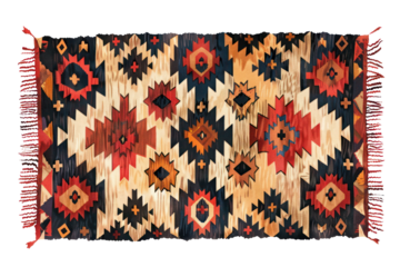 Colorful tribal rug with intricate geometric patterns, showcasing vibrant hues of red, orange, and black with fringe edges.