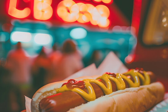 Traditional American hot dog with ketchup and mustard, retro style. National Hot Dog Day