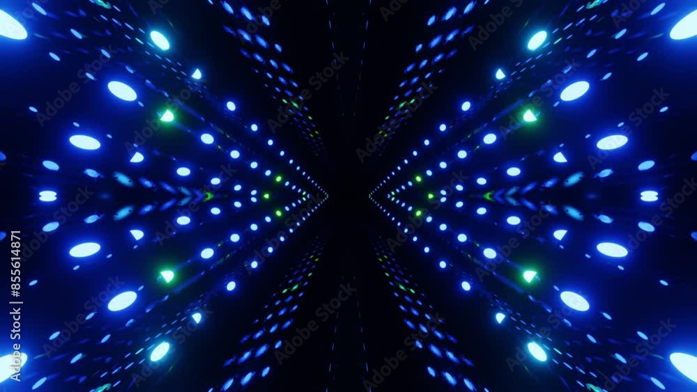 Poster 4k seamless looped animation. fly through mirror symmetrical tunnel with neon pattern, sci fi glow p
