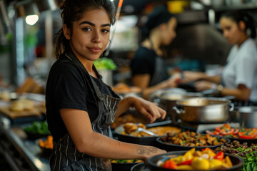 Young Female Chef Working in Bustling Evening Kitchen