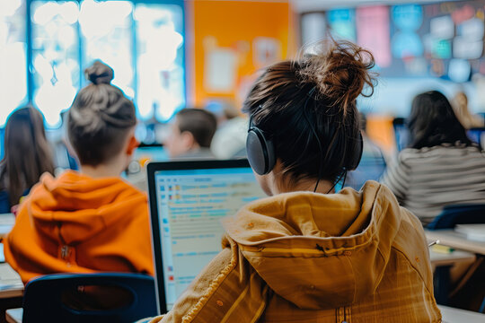 Students and a teacher engage in e-learning in a classroom setting, highlighting modern education methods