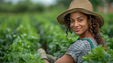 Cheerful female farmer standing in a lush green field, smiling with pride and joy, representing agriculture. AI Generative