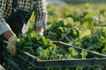 A vegetable farmer organizes freshly harvested produce into a crate on an organic farm