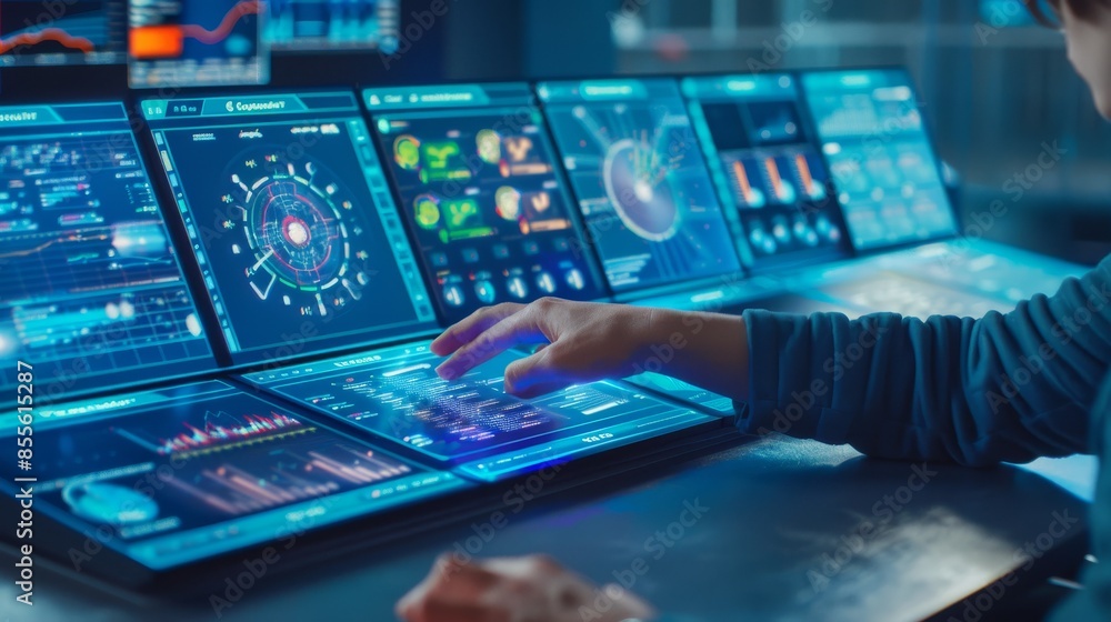 Aufkleber a high-tech, futuristic workspace where a person is interacting with multiple holographic screens.