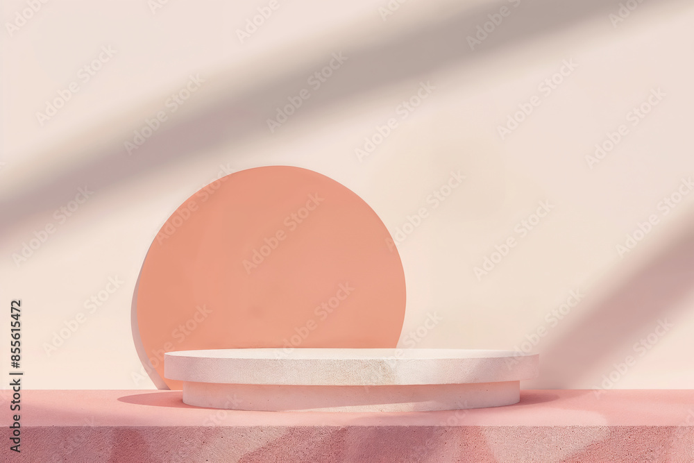 Poster geometric shapes in soft pink and beige tones with round platform.