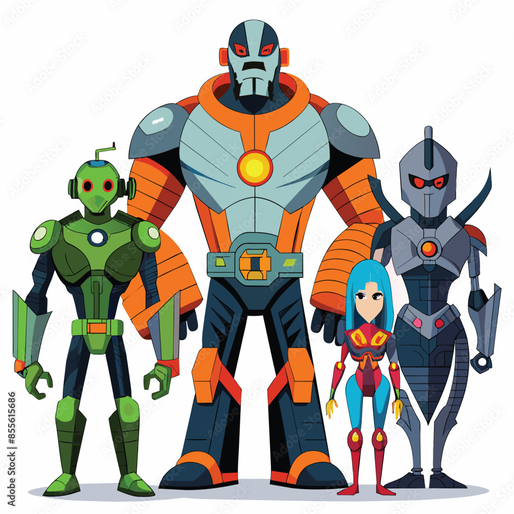 Poster digital illustration of four cyborgs lined up against a white background, each unique in color and d