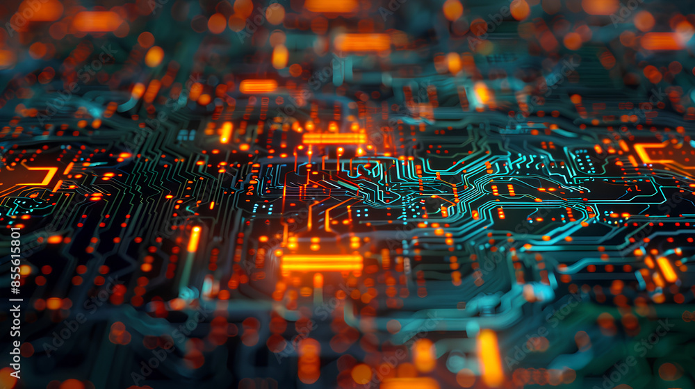 Poster printed circuit board futuristic server/circuit board futuristic server code processing. orange, gre