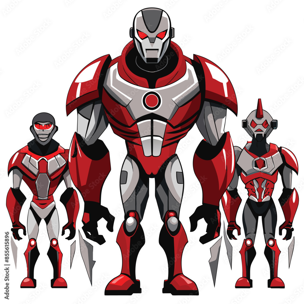 Poster three cyborg characters in red and gray armor stand in a row against a white background. the largest