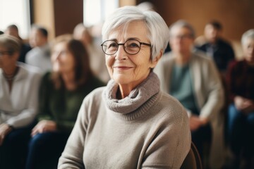 Senior woman participating in a Parkinson's Awareness Month support group