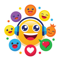 A yellow emoji with headphones is surrounded by colorful emojis including hearts on a white background. It symbolizes joy and positivity