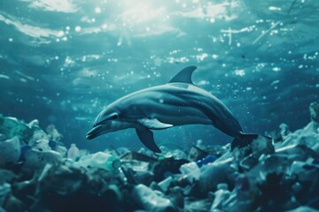 Dolphin Swimming in a Sea of Plastic Pollution