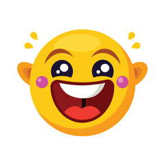 Obraz premium A single yellow emoji with big eyes and a wide open mouth, expressing joy and laughter. The emoji has pink cheeks and is isolated on a white background