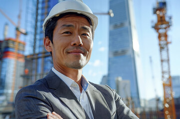 Businessman constructor, owner of real estate. Portrait of successful Asian male businessman builder in white helmet against background of a city under construction