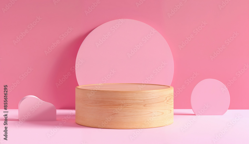 Poster empty wooden platform with pink circular shapes on pink background.